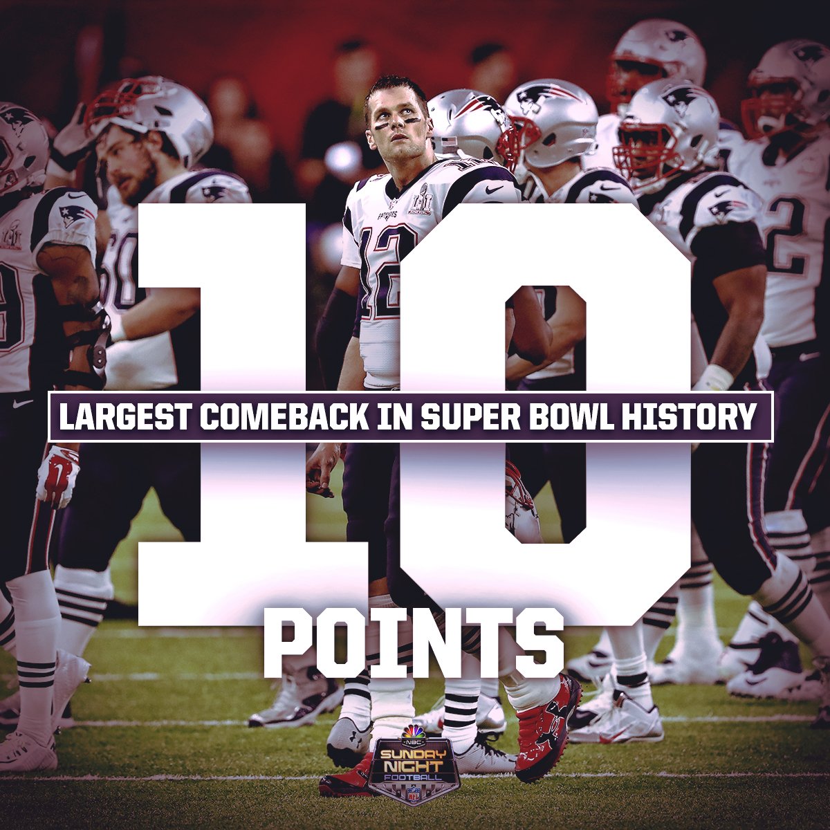 SNFonNBC's tweet photo. The @Patriots are down 18. The largest comeback in #SuperBowl history is 10 points. https://t.co/9x06eEQllY