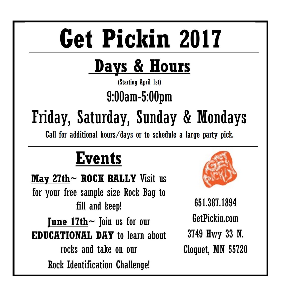 GetPickin's tweet photo. #rockpicking #season is #almosthere 

#events  #duluth #cloquet #minnesota #familyfun #kidfriendly #getpickin #sundayfunday #schedule #fun https://t.co/UDe5OkN9tX