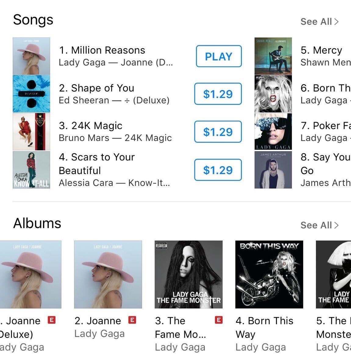OHHMYGAGAcom's tweet photo. Lady Gaga domina el chat de álbumes con 5 en el Top10 de iTunes USA y con Million Reasons en #1 en canciones #PepsiHalftime https://t.co/j2mwtcIu2k