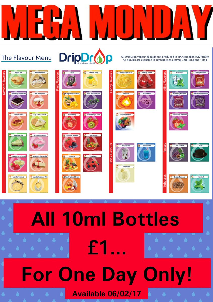 dripdropvapour's tweet photo. ยฃ1 a bottle offer starts in around 10 minutes #dripdropvapour #sale #onepoundeliquid # halfprice #megamonday #TPD2017 #TPDcompliant https://t.co/EzTf36QEn3