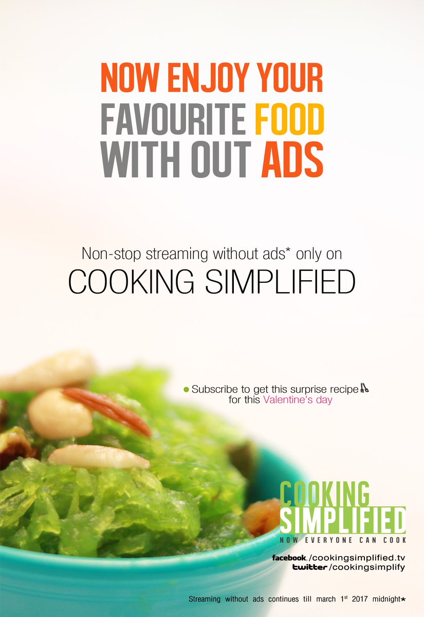 Now #Enjoy your #Favorite #Food without #Ads
Only on #CookingSimplified | Till #February
Click here to #Subscribe bit.ly/2gMY2DO