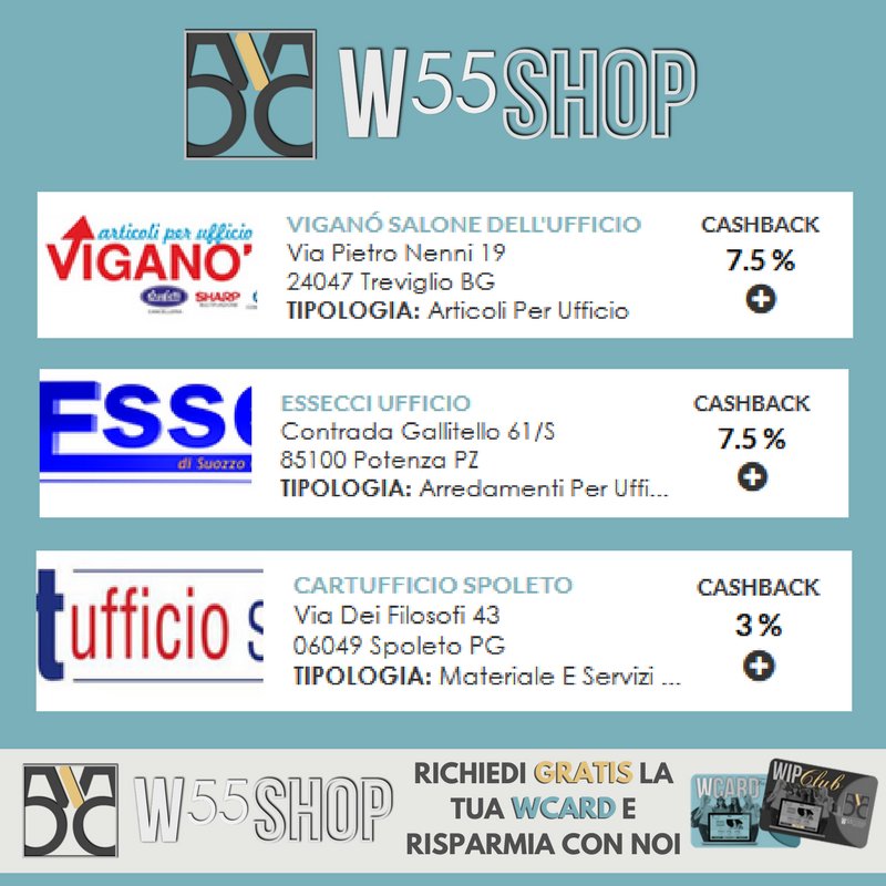 W55shop's tweet photo. Lo sapevi che con il #cashback puoi acquistare anche cancelleria, articoli e arredamenti per ufficio? Scopri subito i #W55Shop in città ... https://t.co/MfRupfkQBi