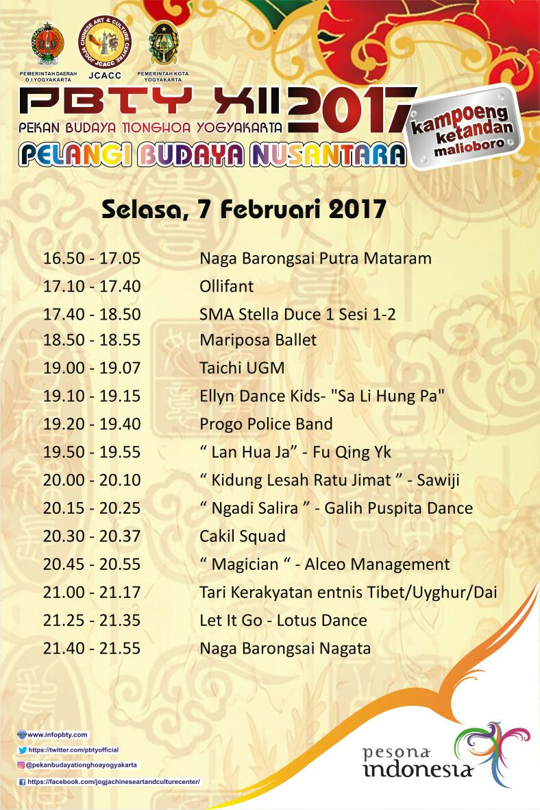 TionghoaJogja's tweet photo. Daftar acara #PBTY 2017 hari Selasa, 7 Februari 2017
#2017ๅนดๆฅๆนไธญ่ฏๆๅ้ฑ
#PBTY2017 https://t.co/KEwE2pSXL6