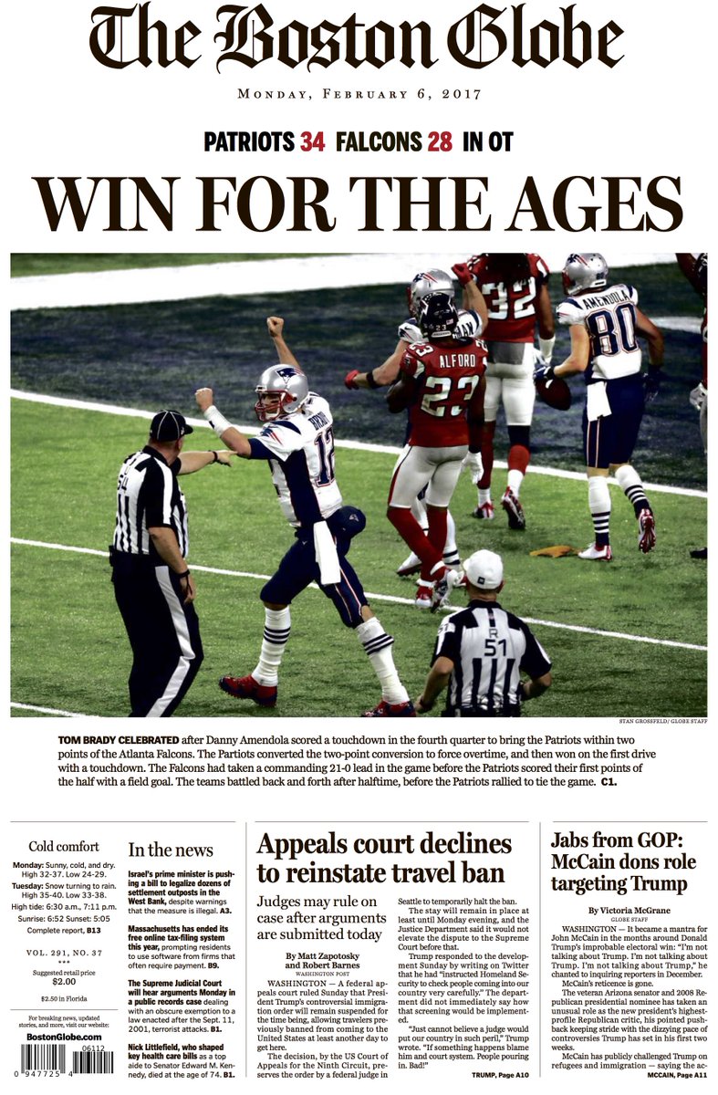 Boston Globe New England Patriots Win Super Bowl LI Front Page Plaque
