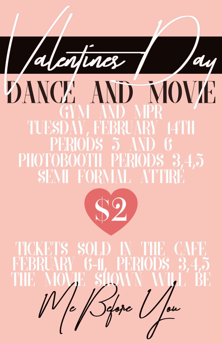 DMCI_StudentCo's tweet photo. Starting tomorrow, you can buy your tickets for our Valentines dance AND movie! Dress up and spend your Valentines with someone special ❤ https://t.co/cwej40kasz