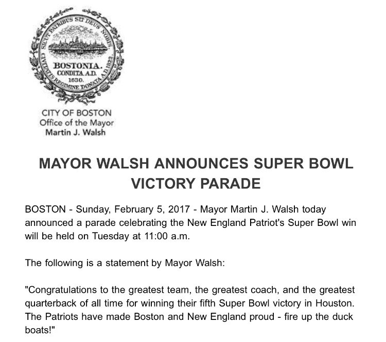 marty_walsh's tweet photo. Congratulations to the greatest team, the greatest coach &amp; the greatest quarterback of all time on their 5th #SuperBowl victory. #Patriots https://t.co/Vz4oYL2liW