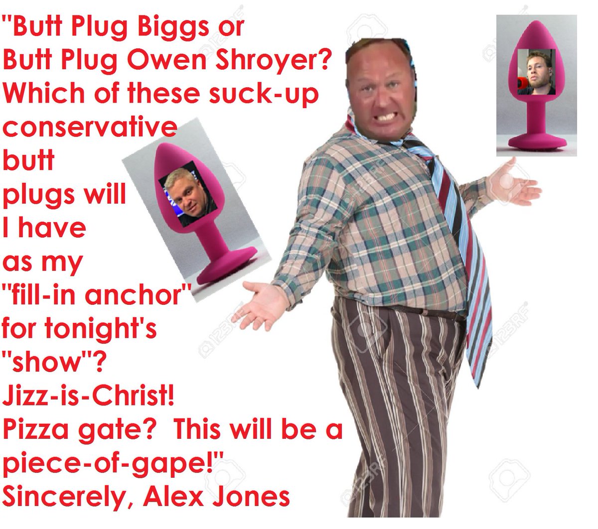 DM_AlexJones's tweet photo. My earthly form is feeling trendy tonight! I'm so proud of my sycophantic buttplugs! @Rambobiggs @RealAlexJones @allidoisowen @MrsssTrump https://t.co/zXv5YrQtqE