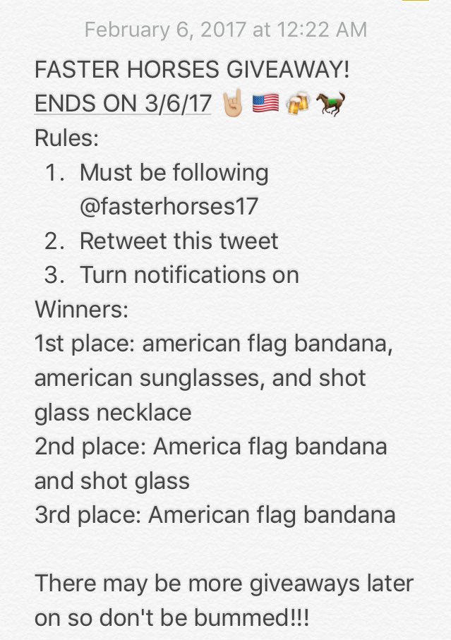 Fasterhorses_19's tweet photo. FASTER HORSES GIVEAWAY! ENDS 3/6/17🤘🏼🇺🇸🍻🐎#fasterhorses #fasterhorsesgiveaway @faster_horses @faster_horses17 @FH_Parties https://t.co/1i4UxFW0GC
