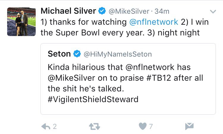 HiMyNameIsSeton's tweet photo. 1) thanks for blocking me 2) you owe Tom Brady and journalism an apology 3) get a better tailor, your jacket is too tight. https://t.co/boOXRu4Ass