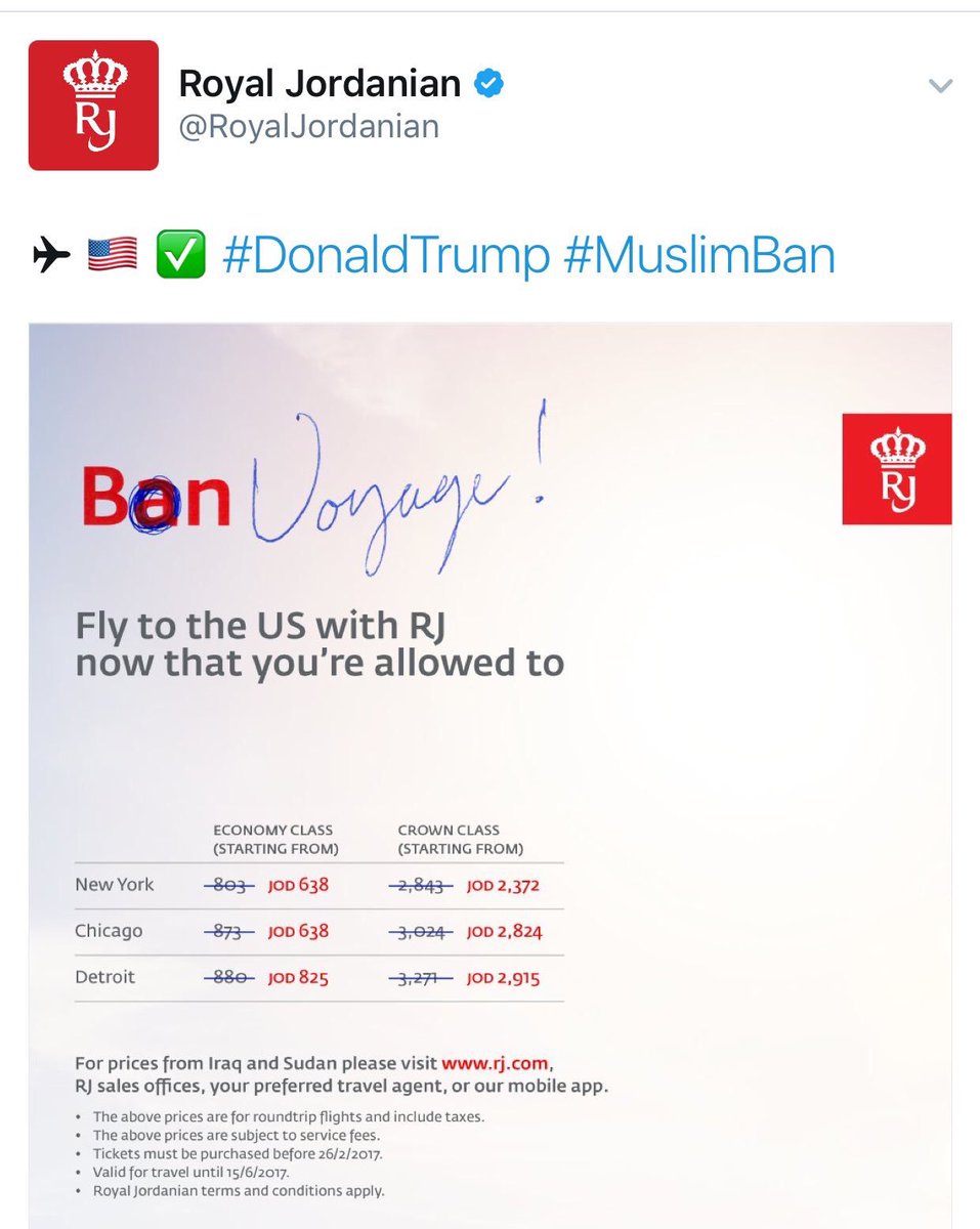 RT <a href="/chehayebk/">Kareem Chehayeb | كريم شهيب</a>: Whoever is running <a href="/RoyalJordanian/">Royal Jordanian</a> airlines’ social media: you’re hilarious.  😂 #MuslimBan #Trump