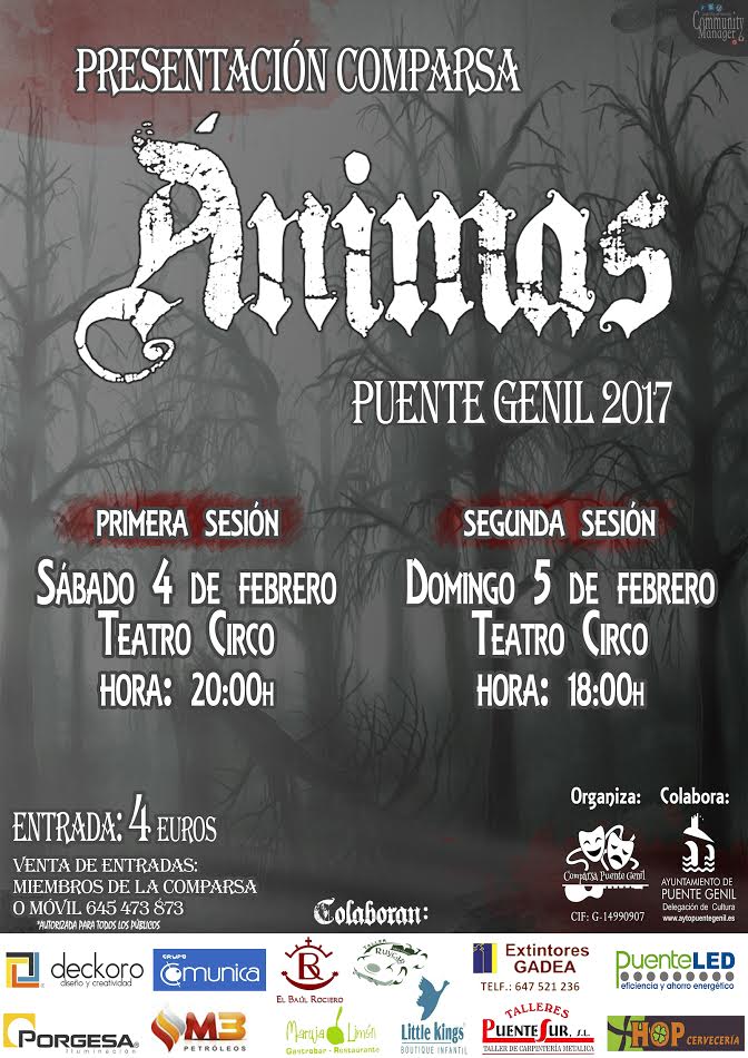 Presentación Comparsa. "ÁNIMAS" 

Venta de Entradas:Miembros de la comparsa Móvil 645473873 <a href="/ComparsaPG/">Comparsa PuenteGenil</a>  <a href="/AytoPuenteGenil/">Ayuntamiento Puente Genil</a> <a href="/grupocomunicatv/">𝐠𝐫𝐮𝐩𝐨𝐜𝐨𝐦𝐮𝐧𝐢𝐜𝐚𝐭𝐯</a>