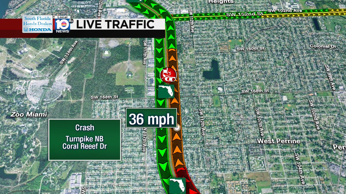 Crash on Turnpike NB approaching Coral Reef Dr #traffic https://t.co/rNAtRpA5C0