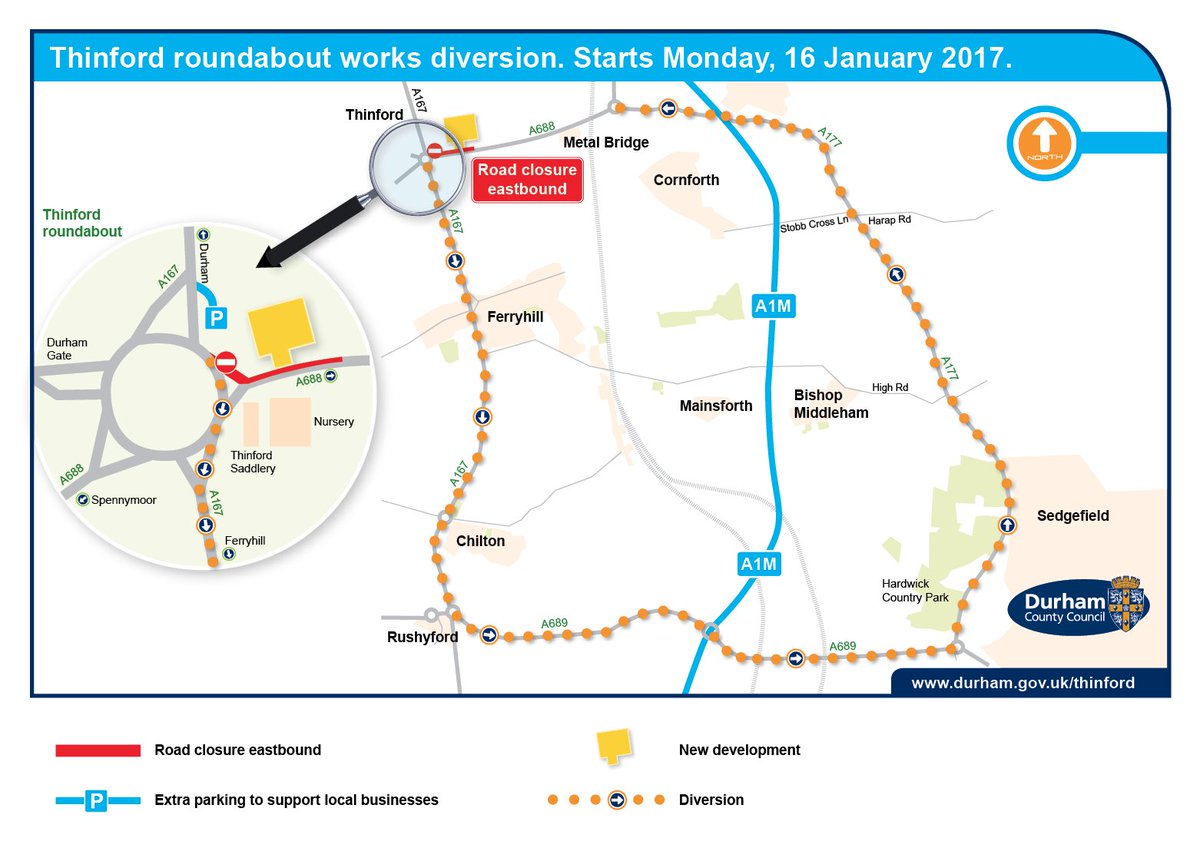 Remember: Work to widen a section of the A688 at Thinford Rbt continues this week. Diversion via A167, A689 &amp; A177: ow.ly/Y8kx307W35r