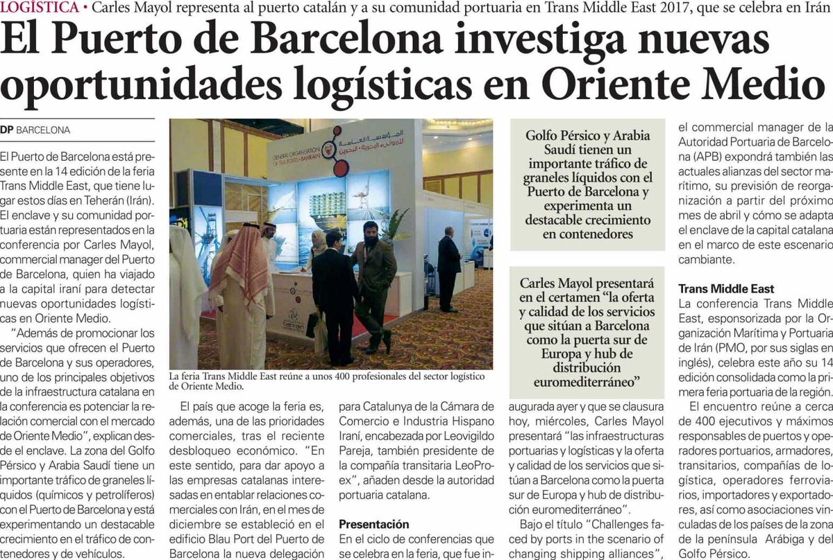 PortdeBarcelona's tweet photo. El Port investiga noves oportunitats logístiques a la #TransMiddleEast via @diariodelpuerto #PortLíder https://t.co/cNGjoWisJS