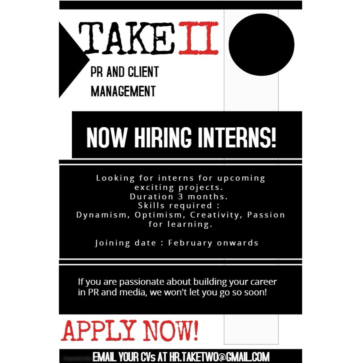 TakeIIpr's tweet photo. TakeII is now looking for dynamic interns like you who want to be a part of the most aspiring PR and media team in town. Apply now https://t.co/TQXyY28kwM