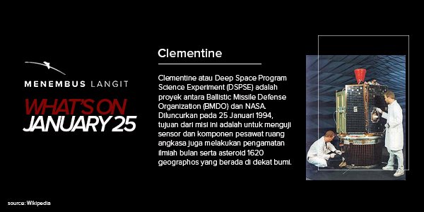 #MenembusLangit What's On: 25 Januari 1994. Misi 115 hari Clementine. ow.ly/h2i9308kpCJ