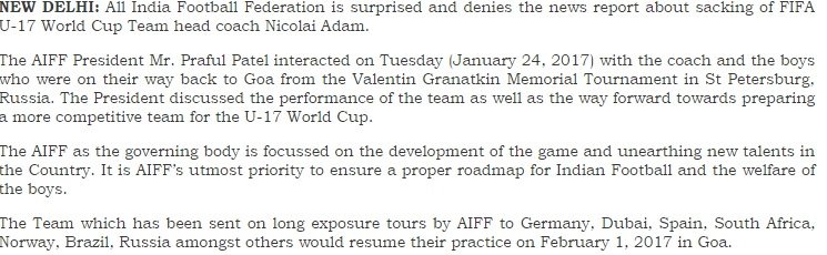abhimanyusen's tweet photo. #IndianFootball The India U-17 Coach has not been sacked. Nicolai Adam is still the coach. The World Cup is 8 months away. AIFF statement: https://t.co/7IOFgcKrcu