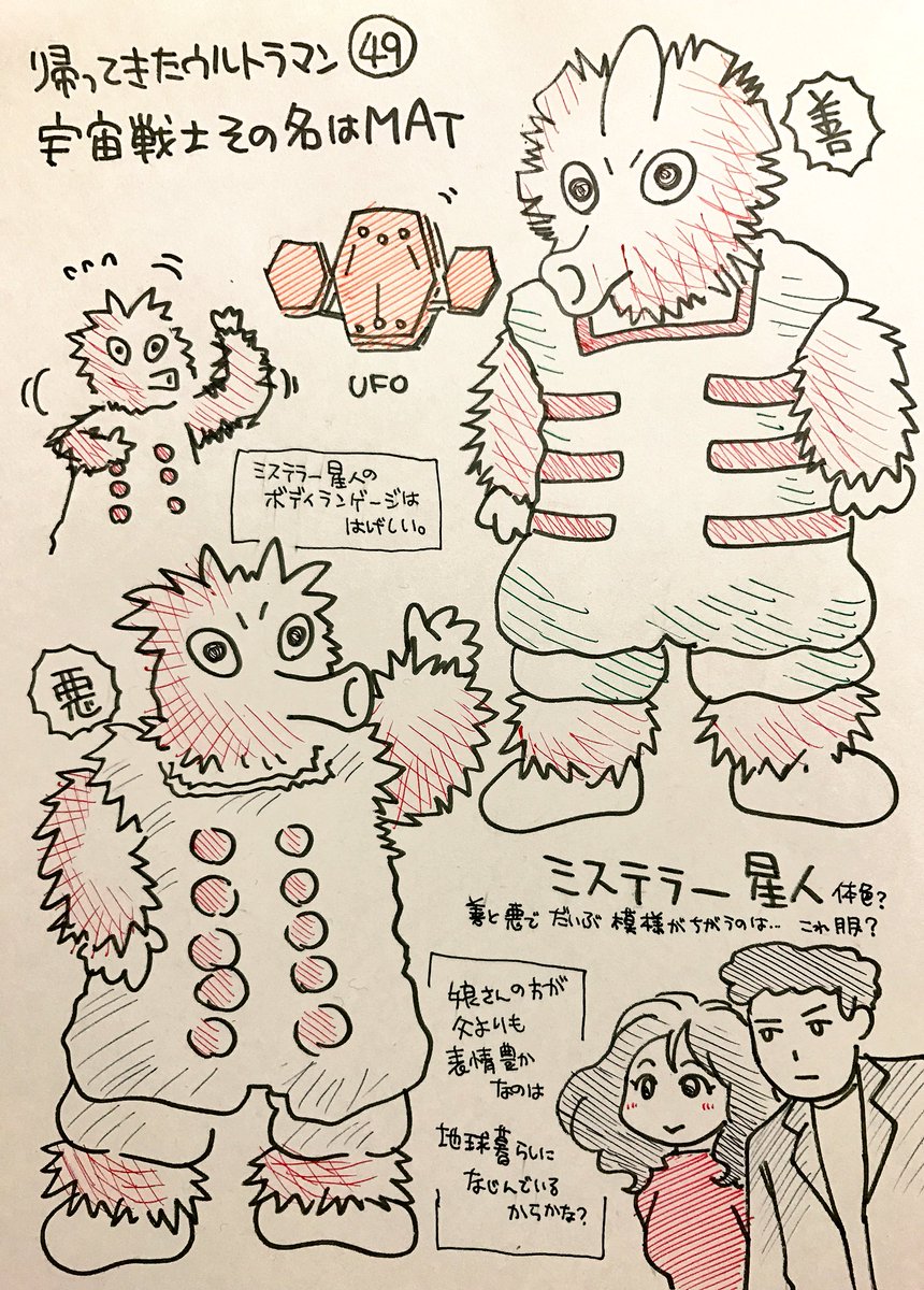 帰ってきたウルトラマンの怪獣をみた順に描く。「宇宙戦士その名はMAT