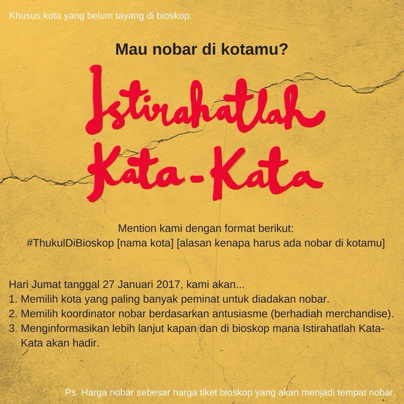 rahung's tweet photo. Mau bikin acara nobar #Istirhatlahkatakata di kotamu? Monggo mention @FilmWijiThukul ya! 😊 https://t.co/DVkUZTRANy
