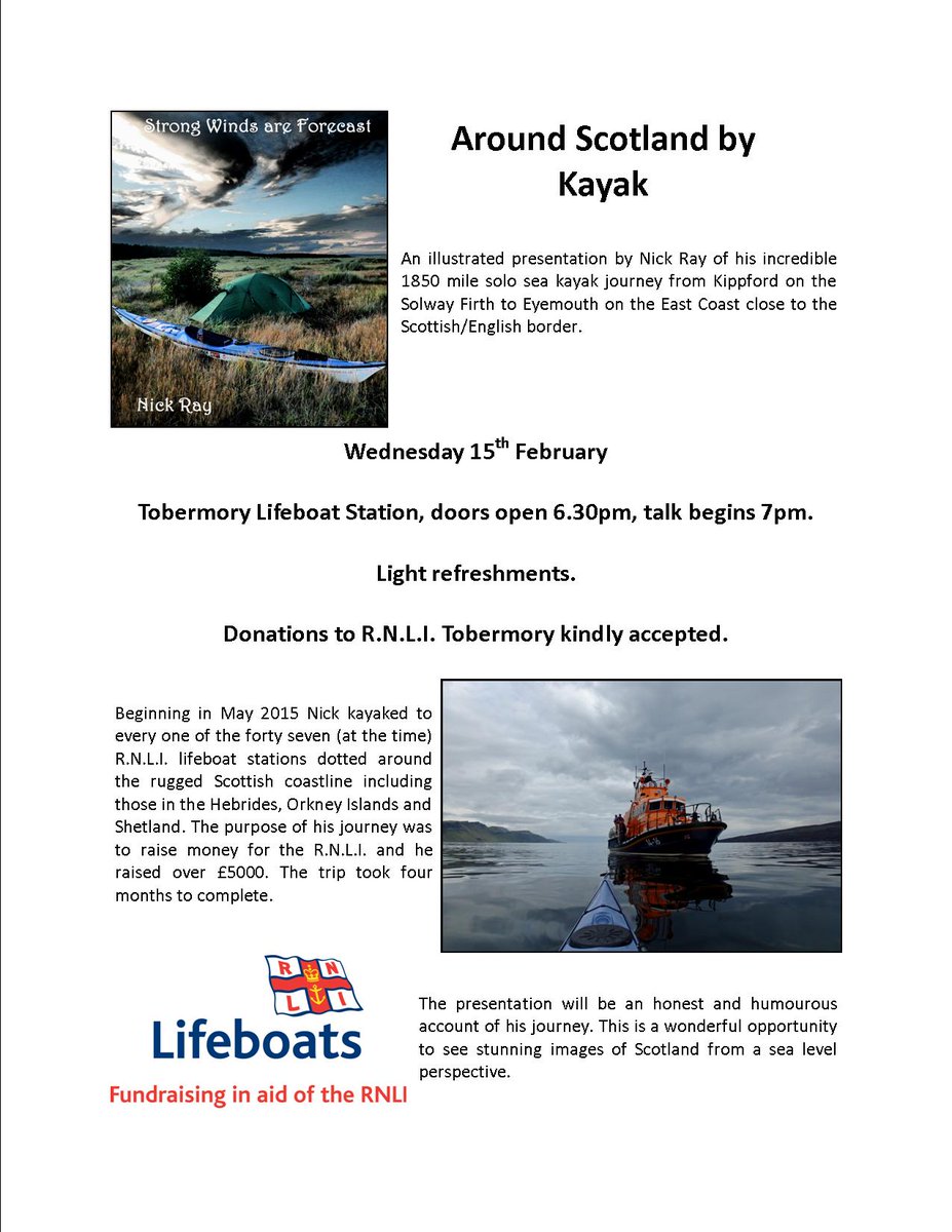 I'm giving a fundraising talk about my 2015 kayak journey at <a href="/TobermoryRNLI/">Tobermory Lifeboat</a> lifeboat station on 15th Feb. Be wonderful to see you. 😁 <a href="/RNLI/">RNLI</a>
