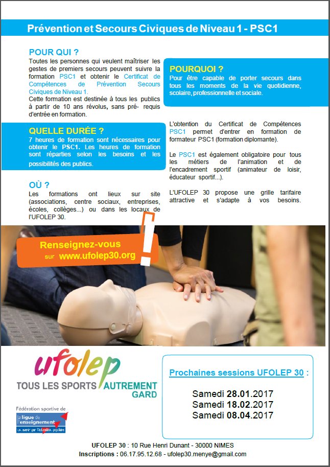 ufolep30's tweet photo. Formation PSC1 
Infos et inscription : https://t.co/NY2Yy7ALWC https://t.co/I1BeRv3pVI