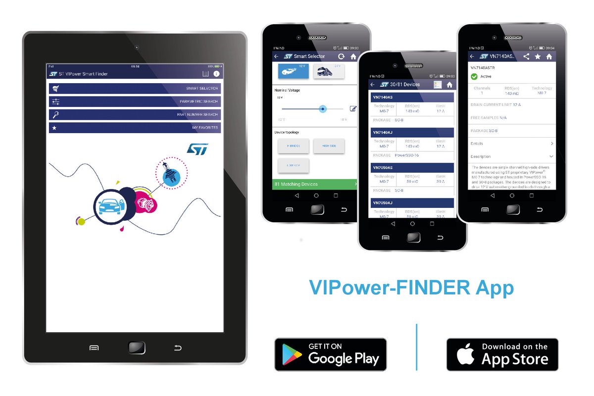 ST_World's tweet image. Explore #power devices for #automotive with the new #VIPower smart finder mobile #APP. Available for iOS and Android ow.ly/JYpx308kvtl