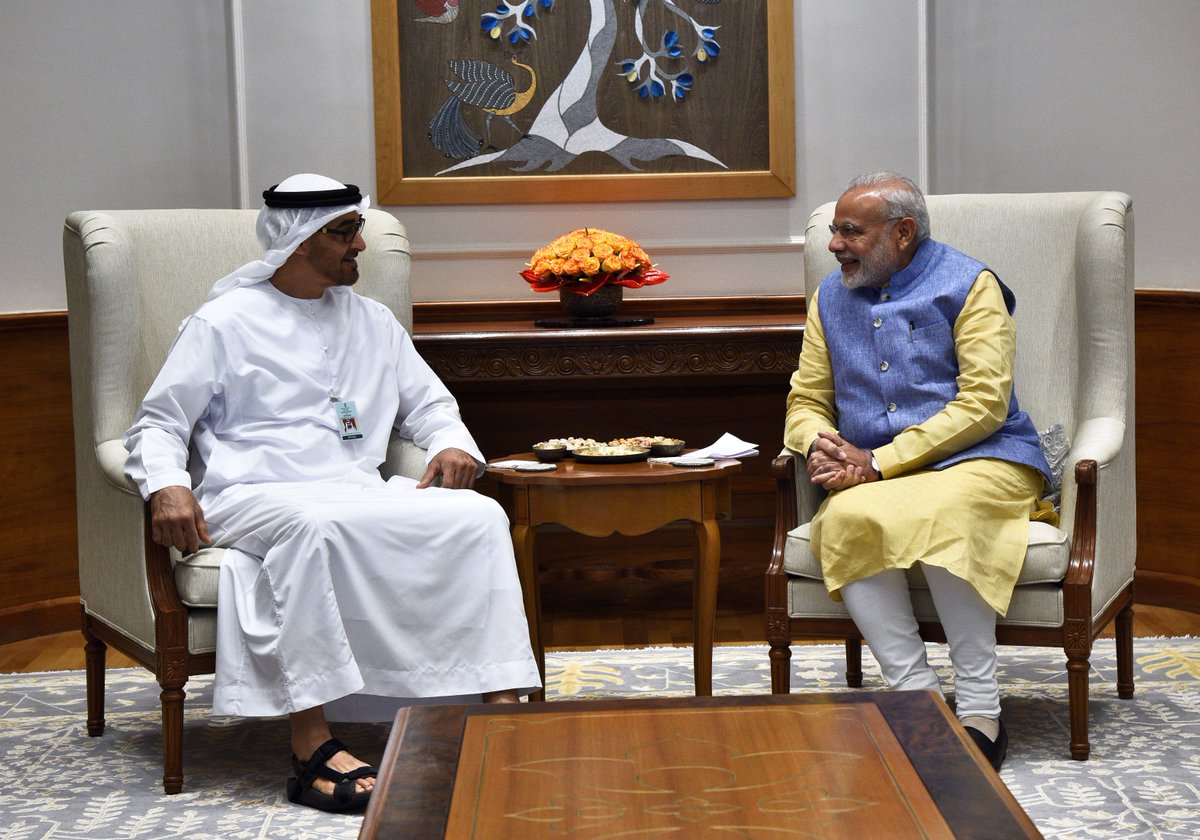 narendramodi's tweet photo. My discussions with HH Mohamed bin Zayed Al Nahyan were wide ranging. We shaped an ambitious roadmap to further strengthen India-UAE ties. https://t.co/EevWiTUHLA