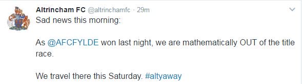 BBCSport's tweet image. This has to be one of the best tweets of the season.

Talk about looking on the bright side.

@altrinchamfc 👏 bbc.in/2joKPS8