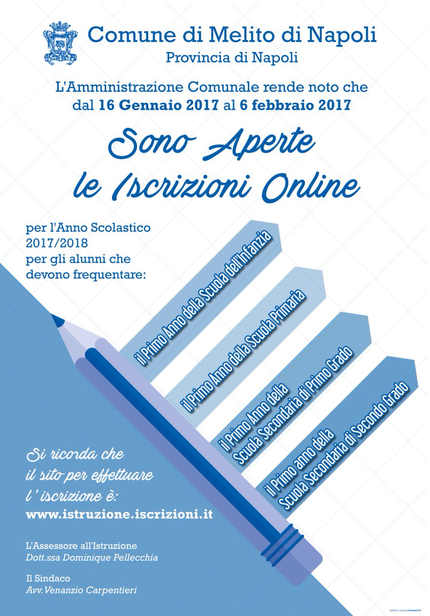 ComuneMelito_Na's tweet photo. Iscrizioni per l'anno scolastico 2017/2018
Dal 16 gennaio 2017 al 6 febbraio 2017 https://t.co/be9MhlBMlH