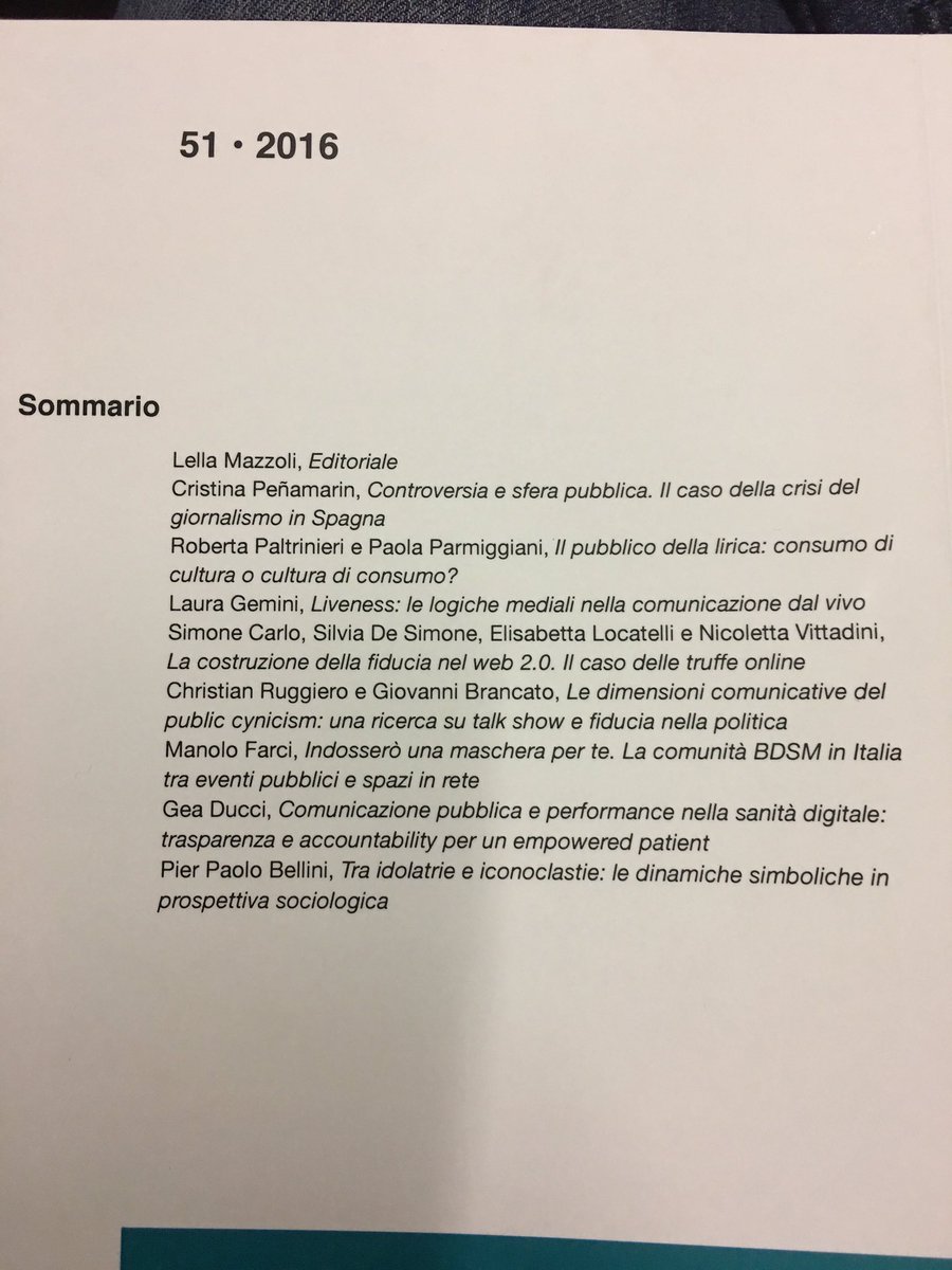 Uscito il n.51 di Sociologia della Comunicazione @AngeliEdizioni con diverse cose da leggere