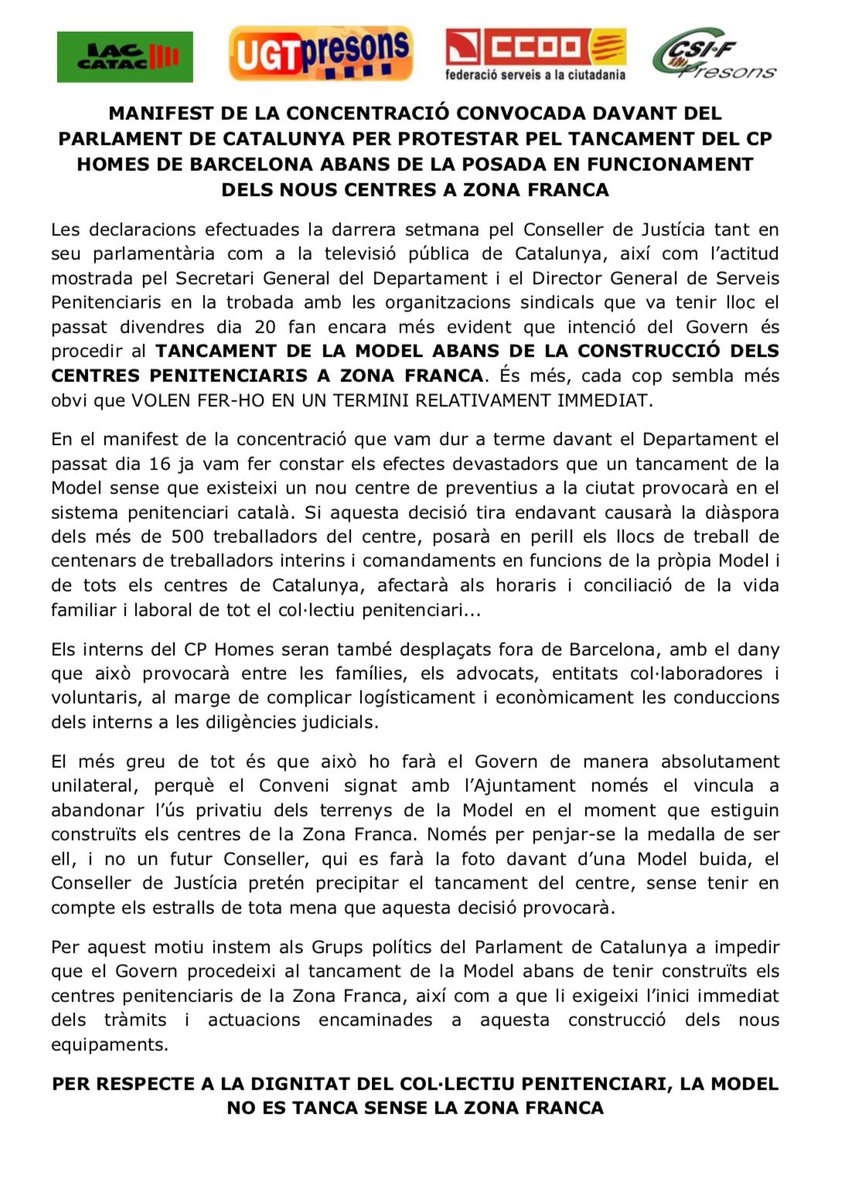 csifpresons's tweet image. Manifestació davant el Parlament 25-1-2017 contra el tancament de la Model