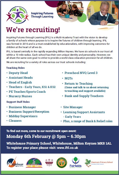 oiacademy's tweet photo. Job Vacancies at Whitehouse Primary School in MK. OIA is part of Inspiring Futures through Learning https://t.co/g1nK1sdh3L https://t.co/tLedWPGkyk