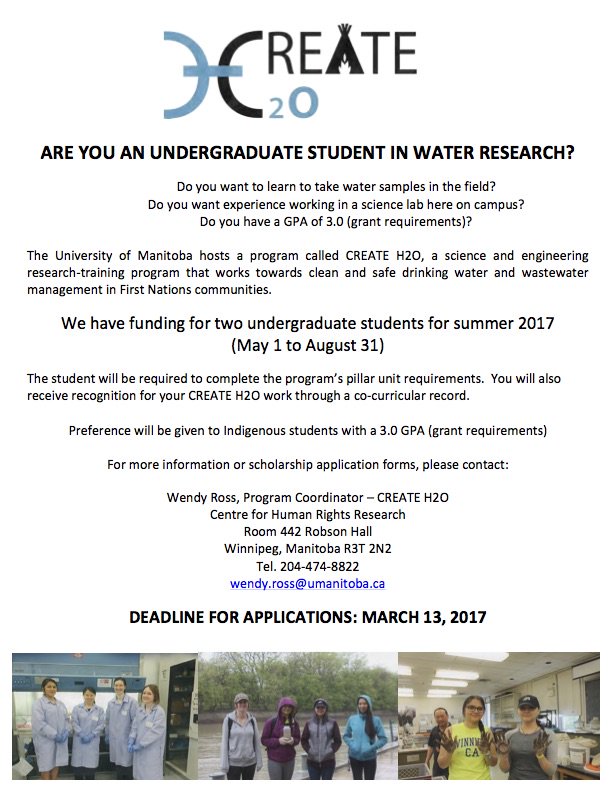 CHRRmanitoba's tweet photo. Are you an undergraduate science student looking for a summer job. Check out the CREATE H2O program. @umanitoba #umanitobasci @UmanitobaSSA https://t.co/To7SXkNNIt