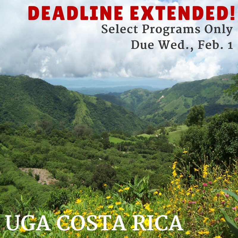 UGAStudyAbroad's tweet photo. The deadline for the IPIC and FHCE Maymester &amp; Summer UGA Costa Rica programs have been EXTENDED to Feb. 1! Apply online if interested! https://t.co/QUUDfymjeh