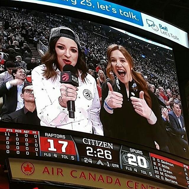 strizzzy's tweet photo. from @MatterofKAT  always ❤ having #bellletstalk spokeswoman @clarahughes @Raptors game. giving the thumbs up to talking today and everyday! https://t.co/CxTYV9YMU2
