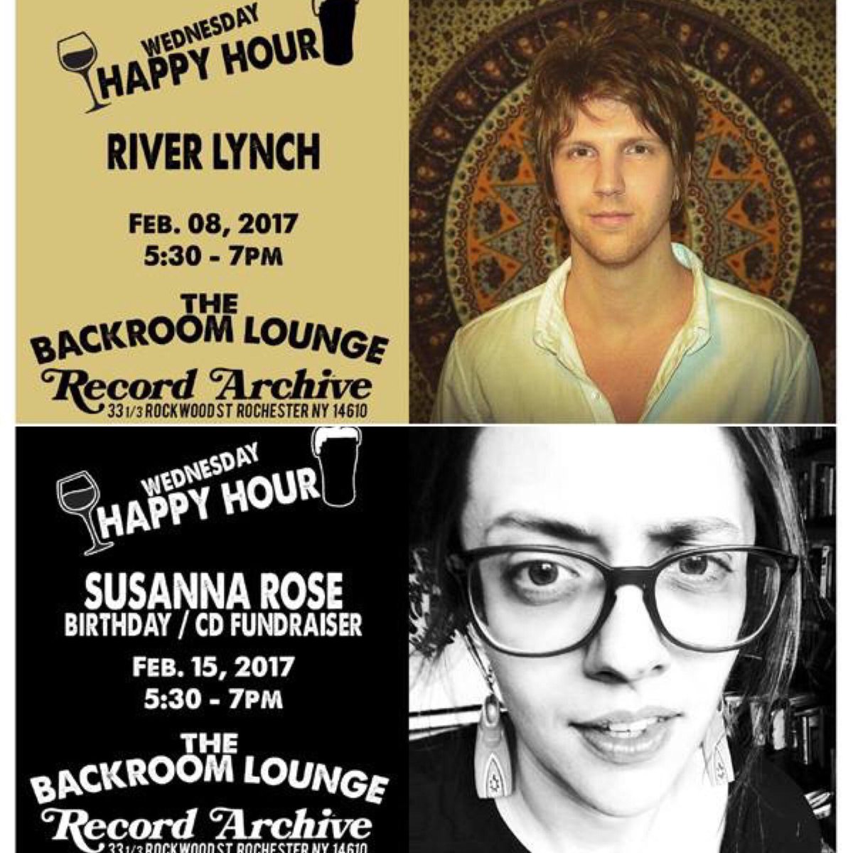 GeneseeLive's tweet photo. Next month, GL stars @RiverLynch &amp; @suzrozmusic will be performing at @recordarchive on Feb 8th and 15tg respectively for Happy Hour! #ROC https://t.co/2zgD6hxIZr