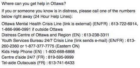 Where can you get help in Ottawa? If you or someone you know is in distress, call one of the numbers listed in the photo 
#BellLetsTalk
