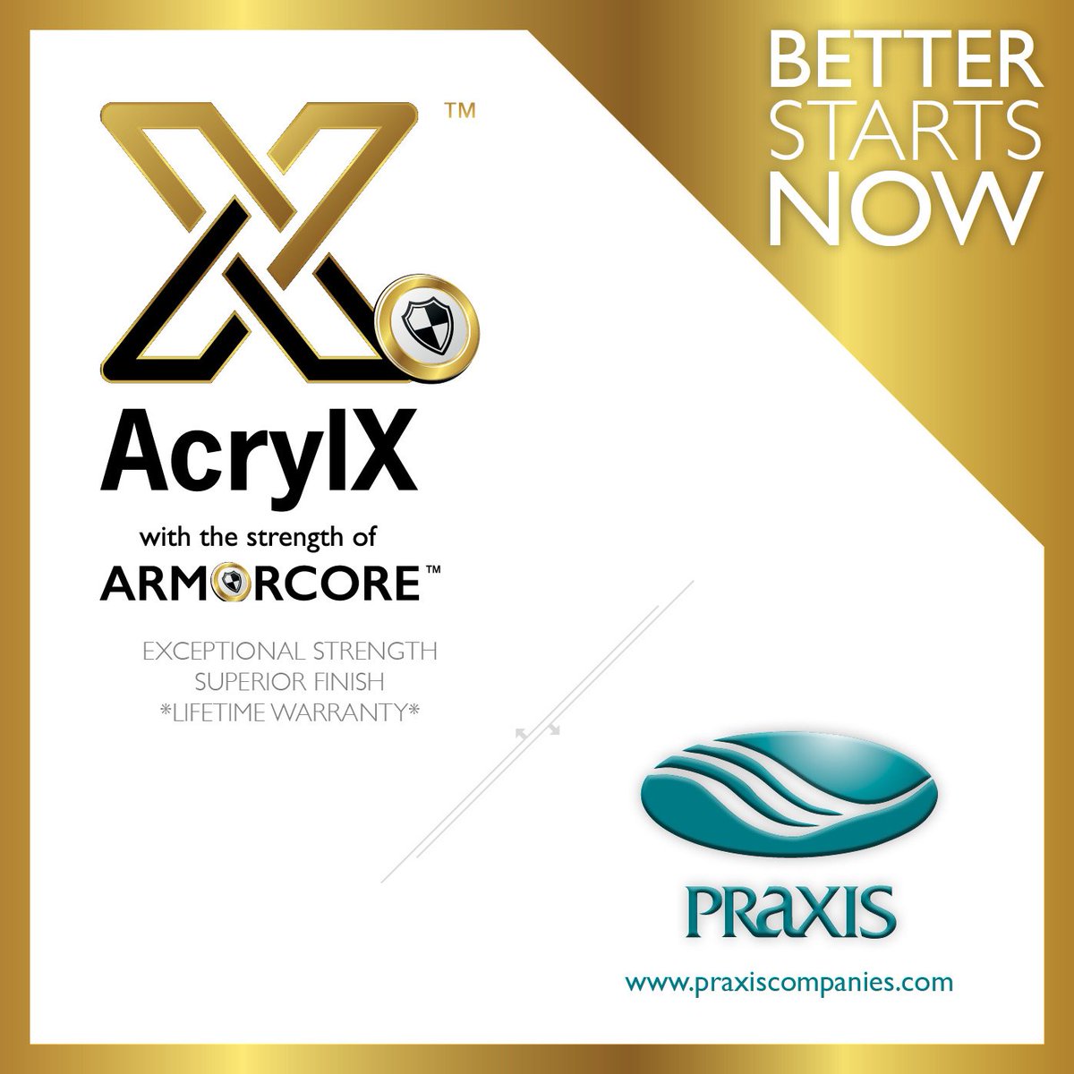 PraxisCompanies's tweet photo. AcrylX™ w strength of Armorcore™
 EXCEPTIONAL STRENGTH•SUPERIOR FINISH•LIFETIME WARRANTY #BetterStartsNow https://t.co/B7rZKZ3dlJ https://t.co/jlcV2qb8o3