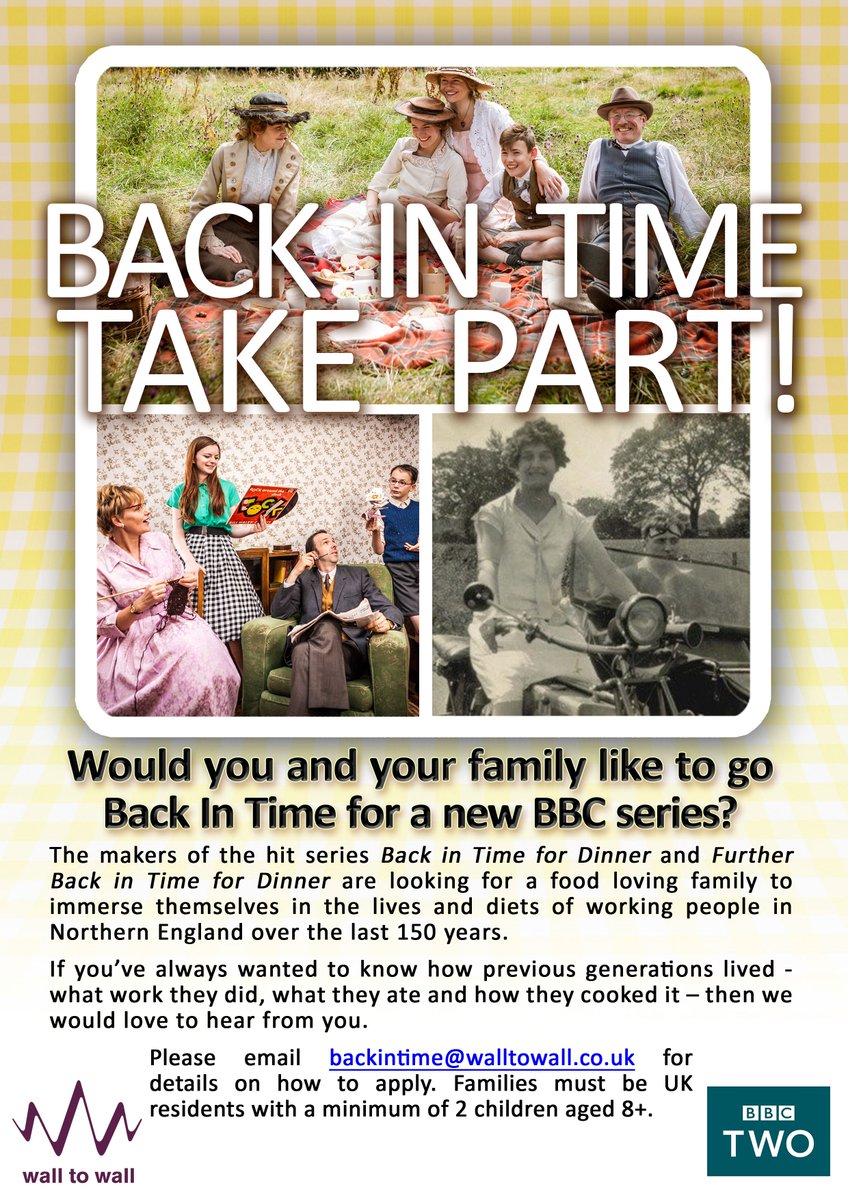 <a href="/sheffield_eats/">sheffield_eats</a> Pls RT. Do you and your family want to go Back in Time for a new BBC series? We're looking for a local, food loving family..