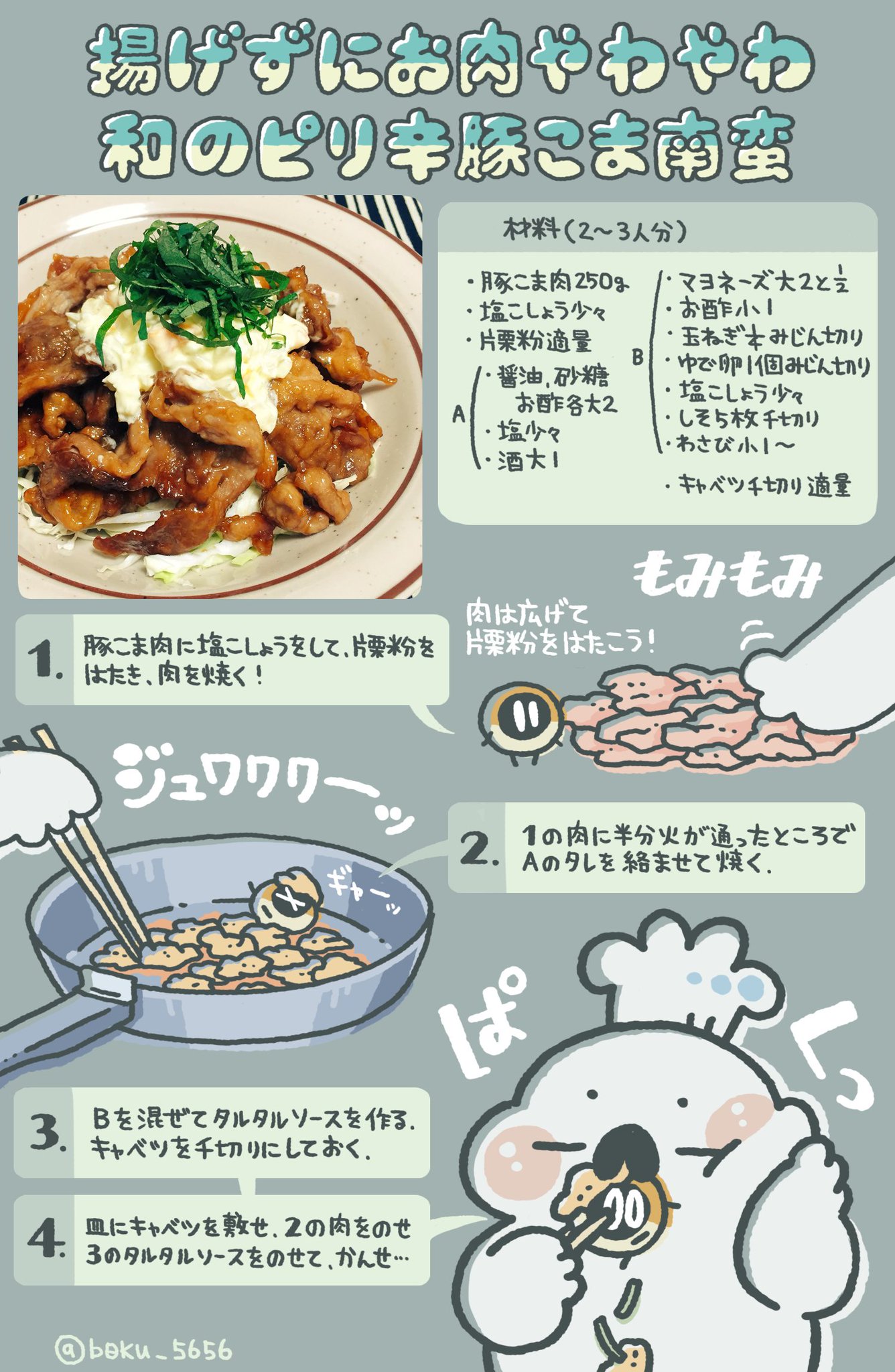 ぼく いらすと料理家 揚げずにお肉やわやわ 和のピリ辛豚こま南蛮のレシピをまとめました Oo