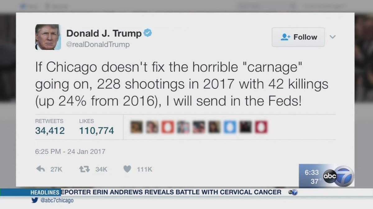 ABC7Chicago's tweet photo. Chicago leaders respond to Trump's 'I will send the Feds' tweet about violence: https://t.co/nvR2zqZjb3 https://t.co/Z8ggI6Mic8