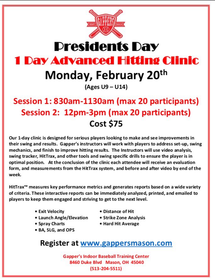 Gappers_Mason's tweet photo. Just under a month away, Presidents Day advance hitting clinic (Feb 20th) at Gappers. 2 sessions. See attached flyer for details. https://t.co/M24pXA3s86