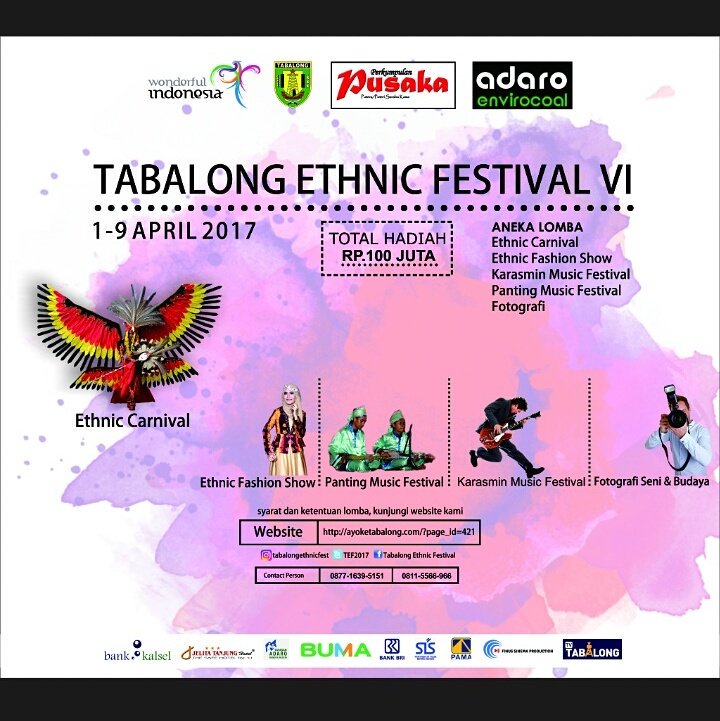 Aneka lomba di Tabalong Ethnic Featival 2017,u ntuk syarat dan ketentuan lomba silahkan klik
ayoketabalong.com/?page_id=421