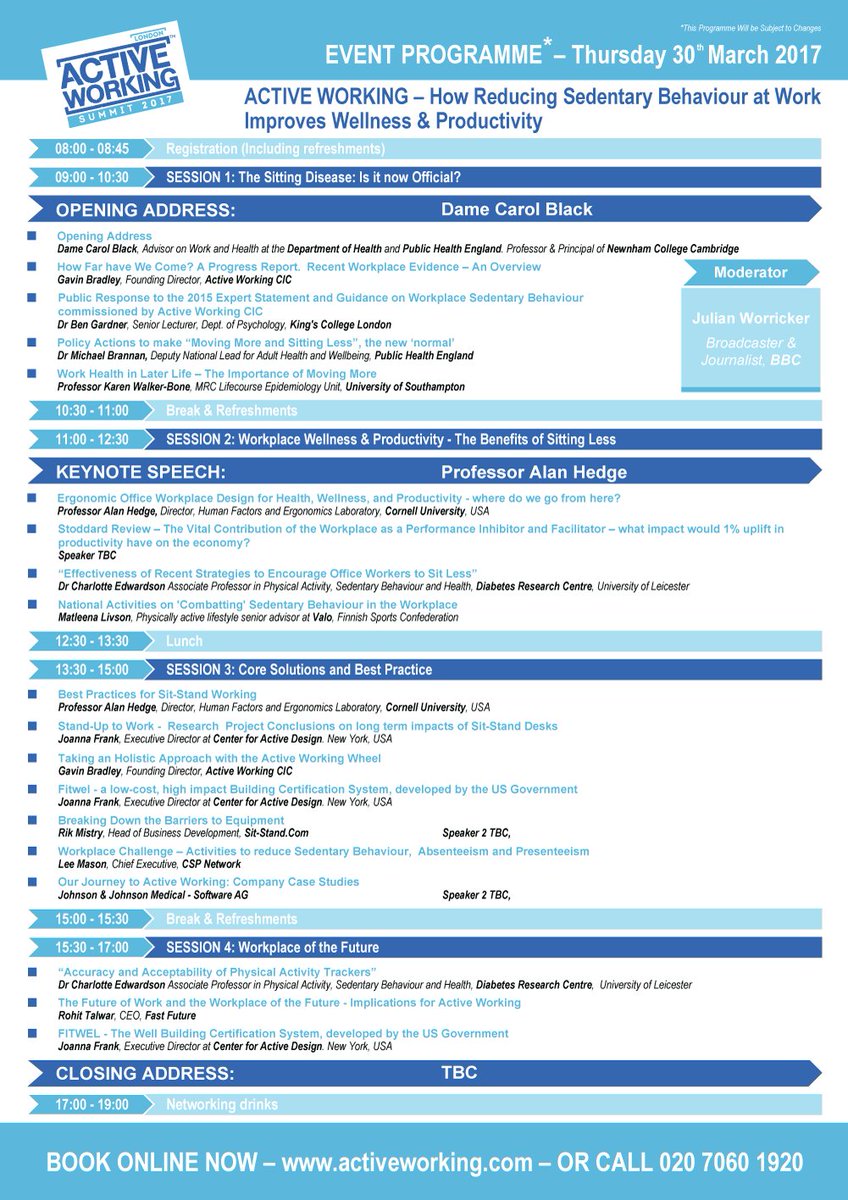 ActiveWorking's tweet photo. LATEST EVENT PROGRAMME!  See the latest International Thought Leaders speaking @ #AWSummit2017  Book your Early Bird Ticket NOW #SitLess https://t.co/FbTtjuNOVY