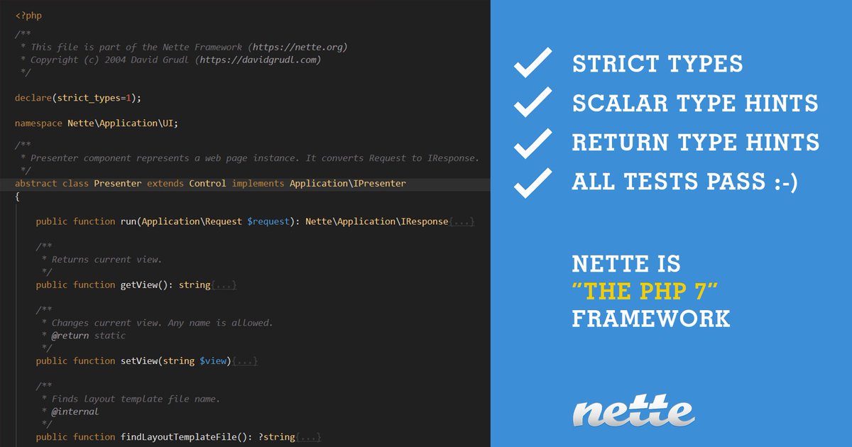 nettefw's tweet photo. We proudly announce the complete switch to new PHP 7.1 features. #nettefw is full-blown PHP 7 framework. https://t.co/OQQbN7ctDC