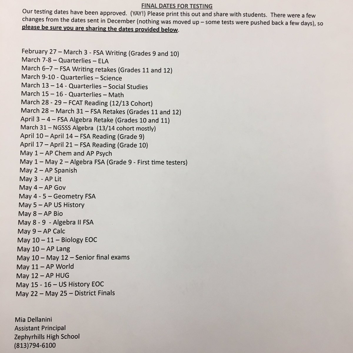 Here is the finalized testing schedule for this year.