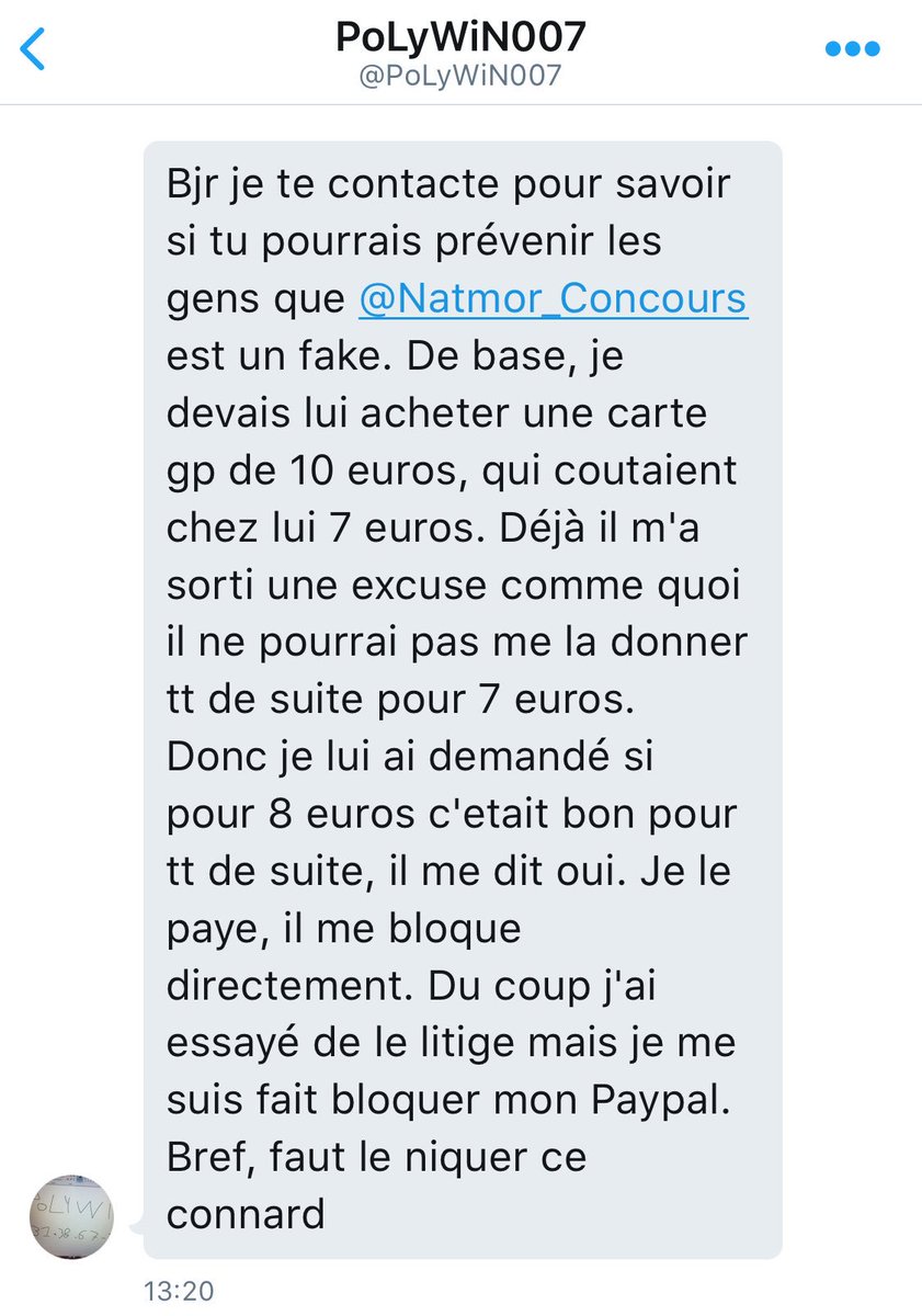 ANTI_ARNAQUE_FR's tweet photo. Méfiez vous de l'escroc @Natmor_Concours qui escroque ses clients : 8€ volés de nouveau ! à diffuser largement 🌝 #TeamAntiArnaque https://t.co/xg38XCLd0c