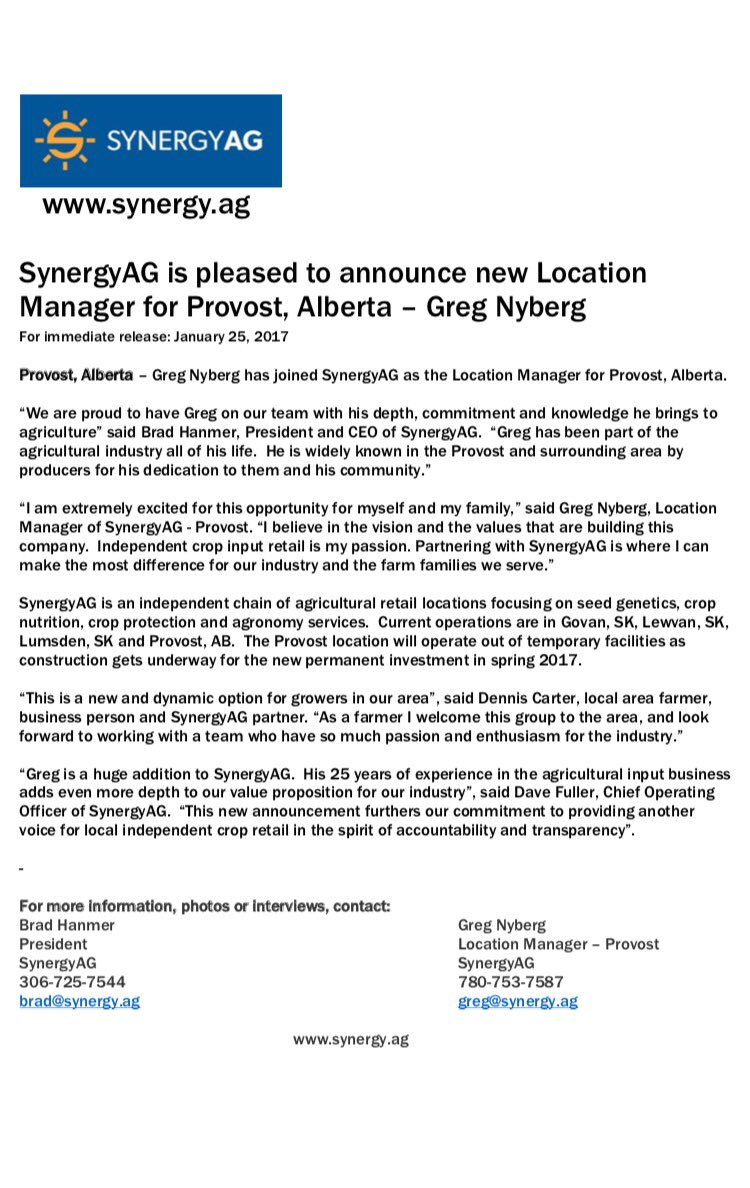 SynergyAG's tweet image. @SynergyAG is proud to announce Greg Nyberg as new locations manager of Provost, AB #synergyag #cropinput #independentag