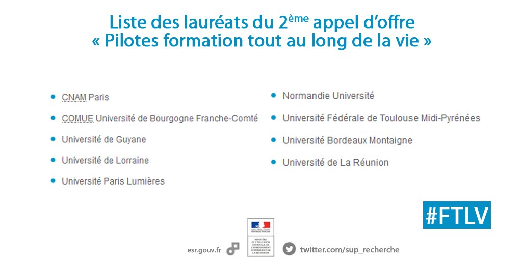 9 établissements et groupements d'établissements lauréats du 2e #AppelDOffre "Pilotes #FTLV" owl.li/bHrC308kWlt #FormationContinue