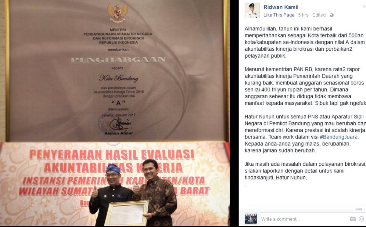 ridwankamil's tweet photo. Akuntabilitas Kinerja Pemkot Bandung thn kerja 2016 kembali raih "A". Akuntabilitas Kerja Pemda yg buruk membuat total pemborosan 400 T/thn https://t.co/pZhArEVjkn